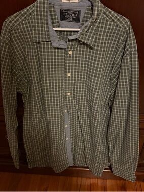 Nautica Men's Olive and White Plaid Button-Down Shirt